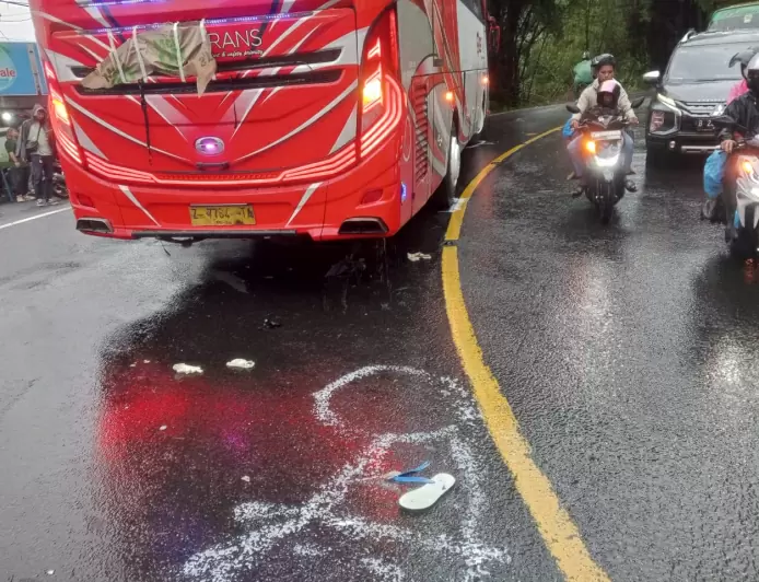 Diduga Jalanan Licin, Pemotor di Puncak Jatuh Terlindas Bus Hingga Meninggal Dunia